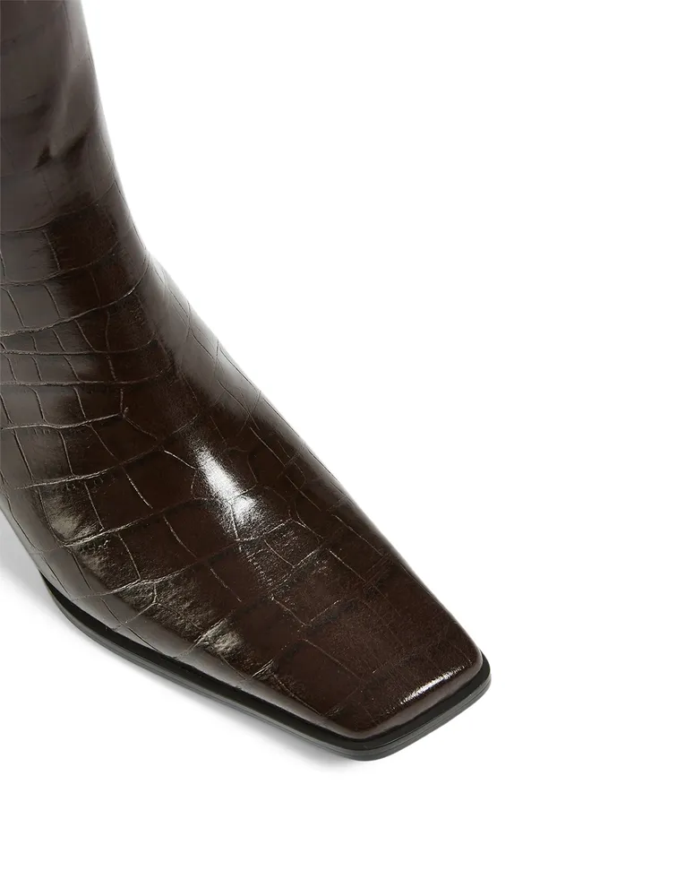 Croc-Embossed Leather Cube Heeled Knee-High Boots