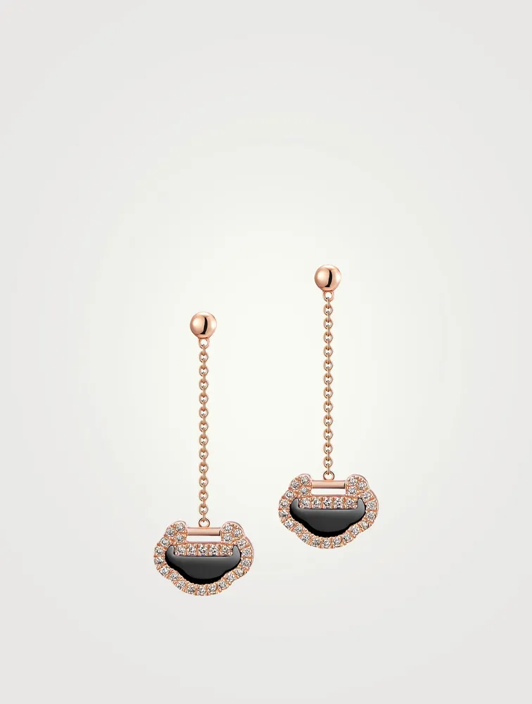 Petite Yu Yi 18K Rose Gold Earrings With Diamonds And Onyx