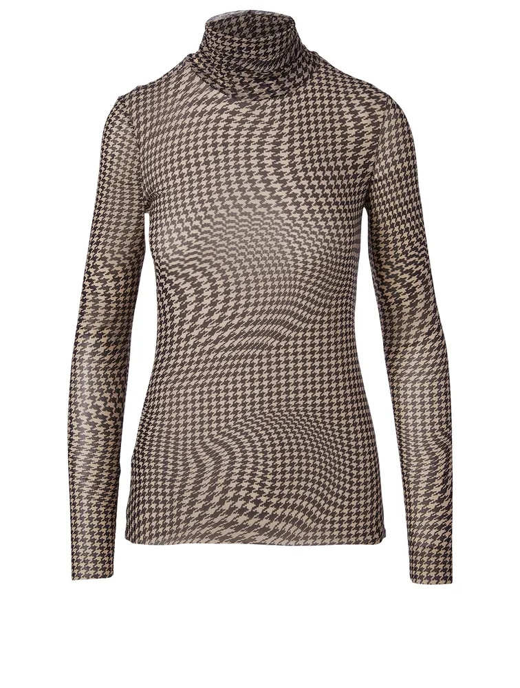 Sheer Turtleneck Top Houndstooth Print