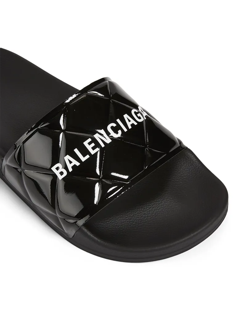 Quilted Patent Logo Slide Sandals