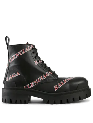 Strike Leather Lace-Up Ankle Boots Allover Logo Print