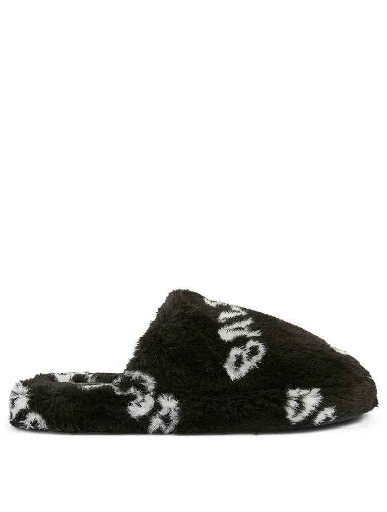Home.2 Faux Fur Flat Mules Allover Logo Print