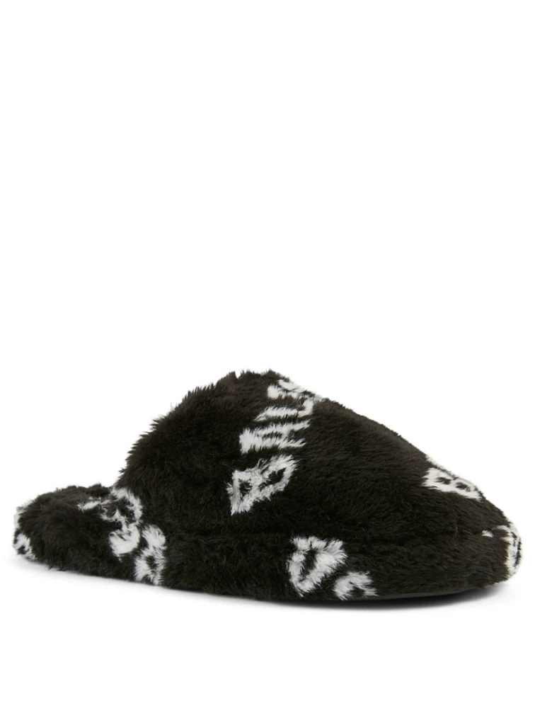 Home.2 Faux Fur Flat Mules Allover Logo Print