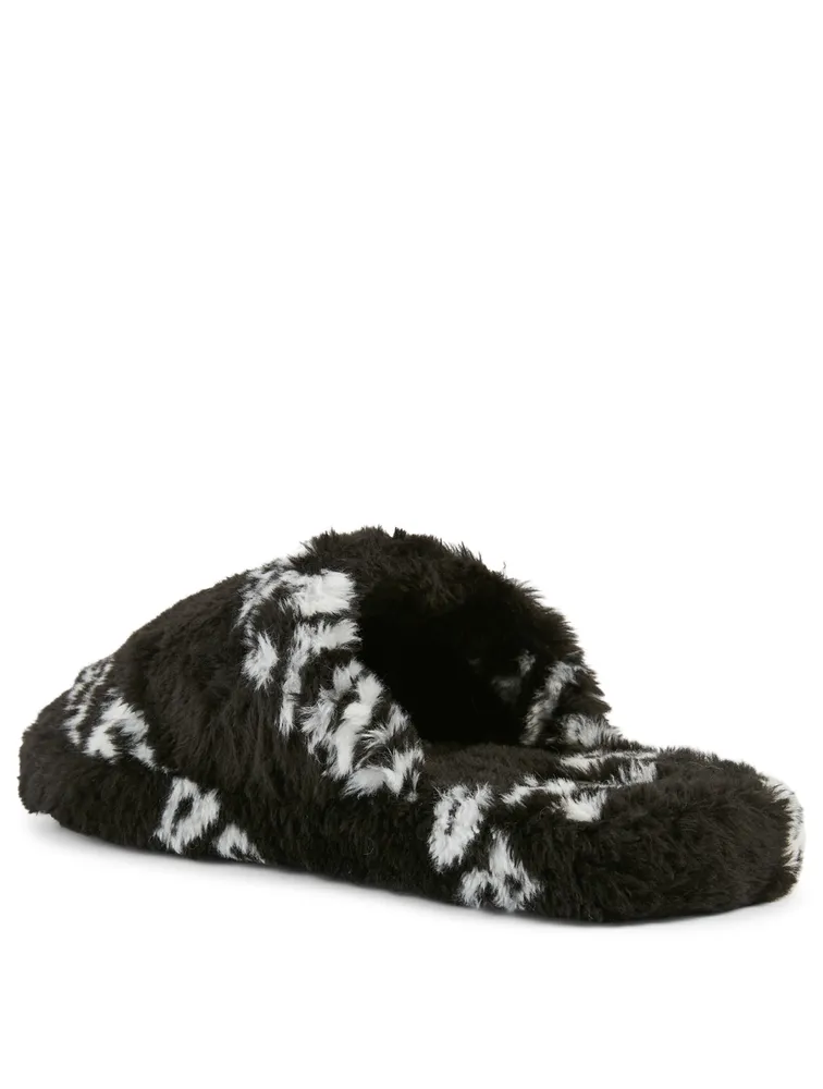 Home.2 Faux Fur Flat Mules Allover Logo Print