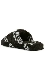 Home.2 Faux Fur Flat Mules Allover Logo Print