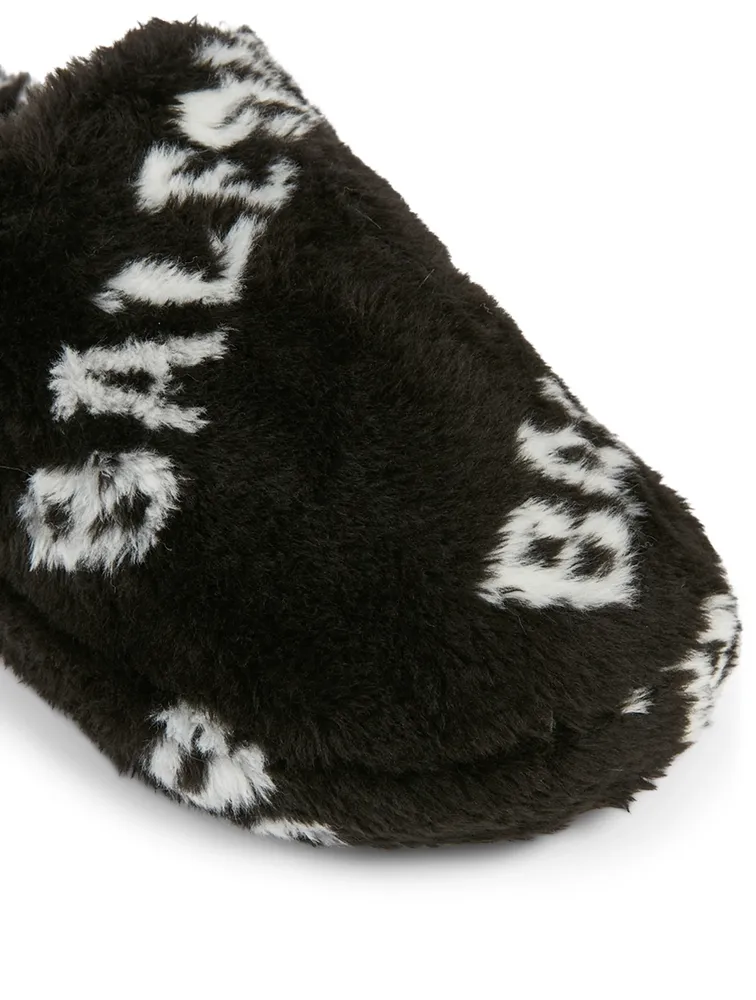 Home.2 Faux Fur Flat Mules Allover Logo Print