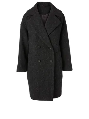 Wool Tweed Double-Breasted Coat With Oversized Lapel