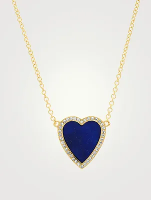 Mini 18K Gold Lapis Inlay Heart Necklace With Diamonds