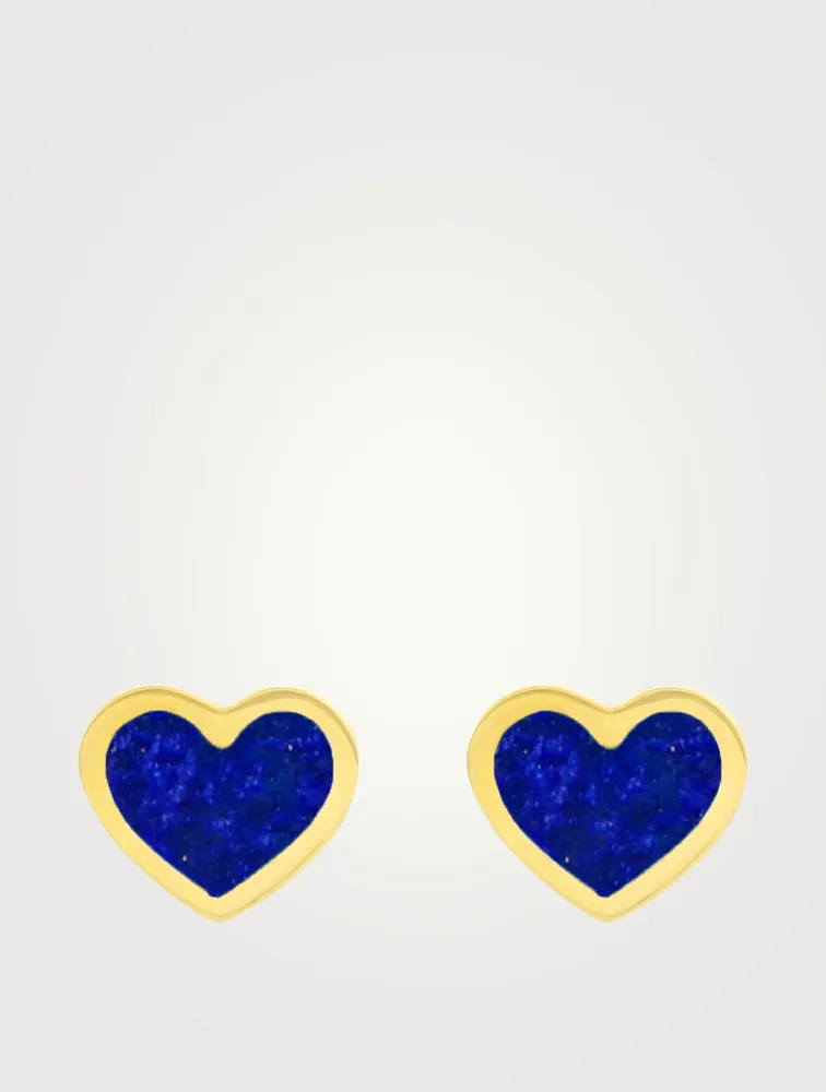 18K Gold Lapis Inlay Heart Stud Earrings