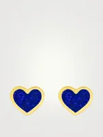 18K Gold Lapis Inlay Heart Stud Earrings