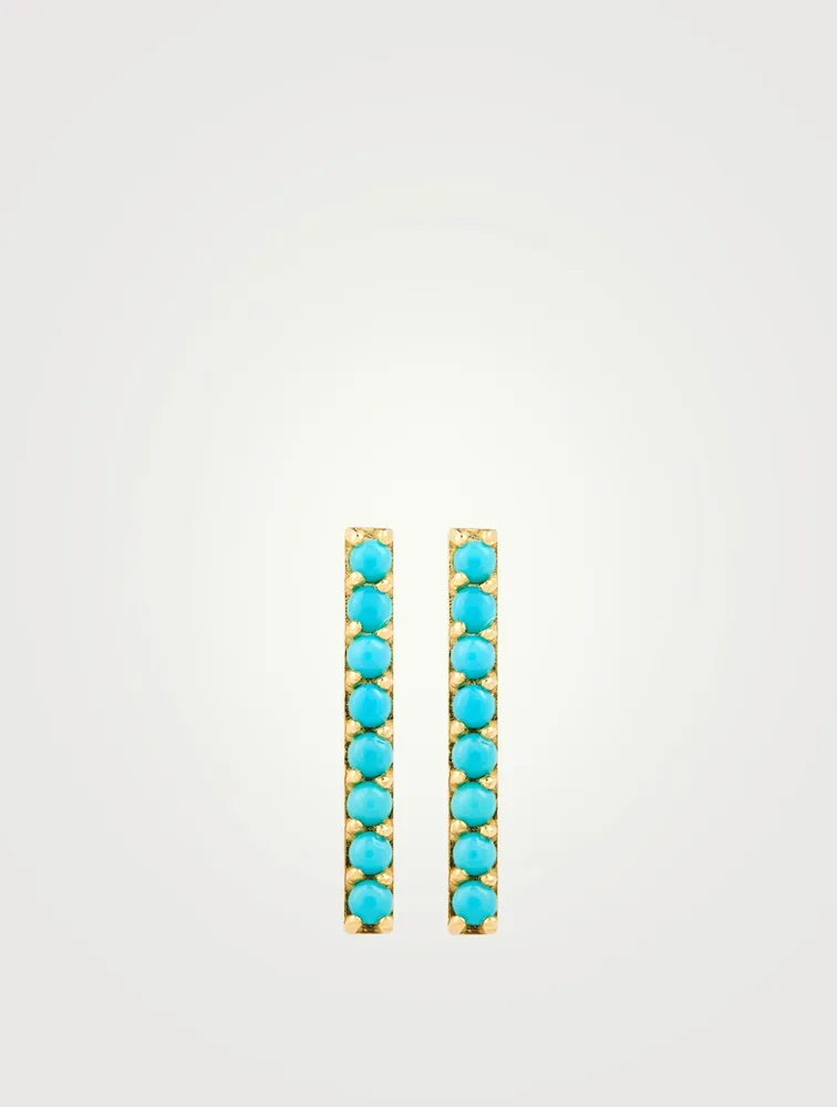 18K Gold Long Bar Stud Earrings With Turquoise