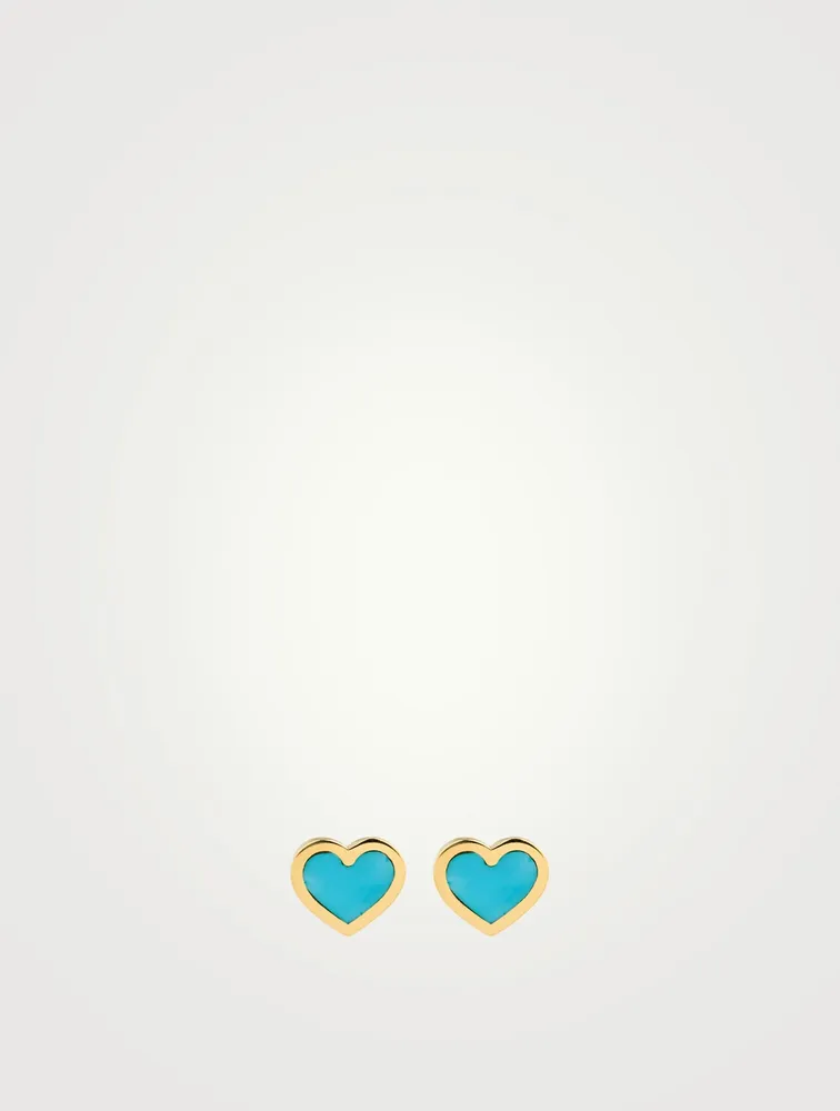 18K Gold Turquoise Inlay Heart Stud Earrings