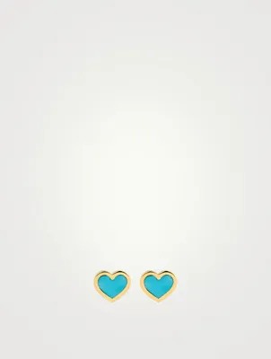 18K Gold Turquoise Inlay Heart Stud Earrings