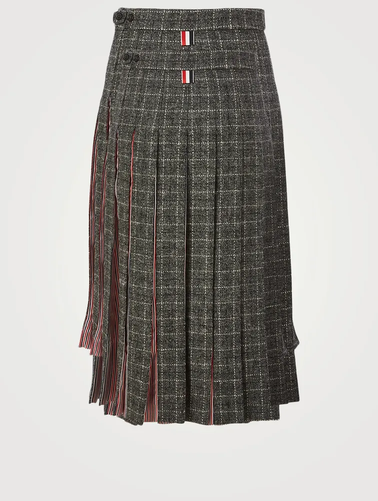 Wool Pleated Midi Skirt Tattersall Check Print