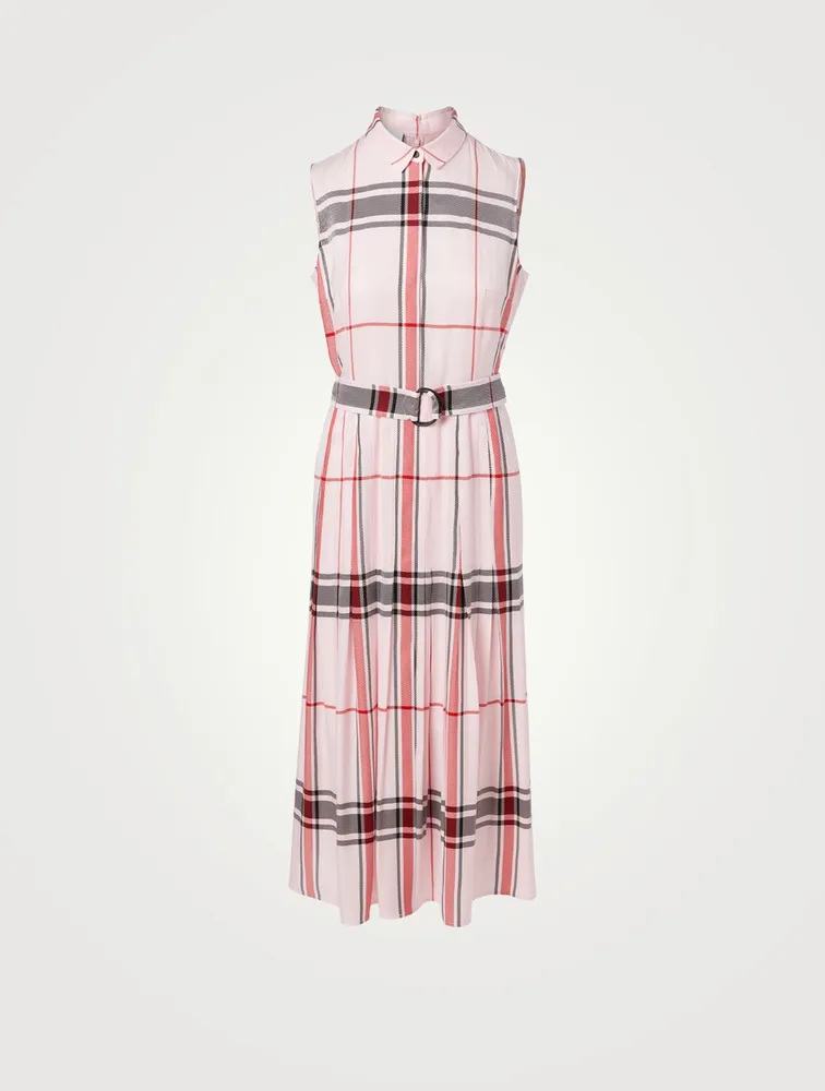 Sleeveless Pleated Long Dress Check Print