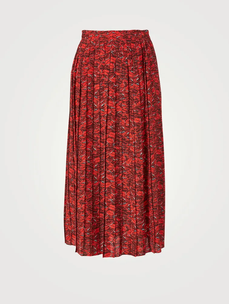 Silk Pleated Midi Skirt Lip Print