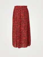 Silk Pleated Midi Skirt Lip Print