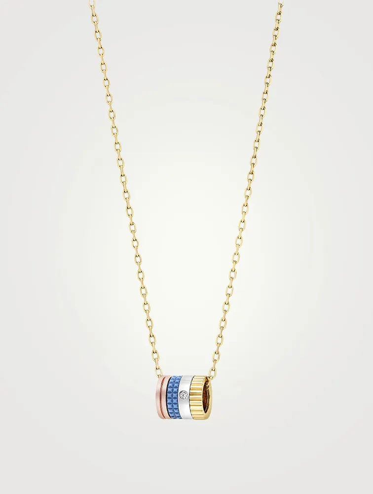 Blue Edition Quatre Mini Gold Ring Pendant Necklace With Ceramic And Diamonds