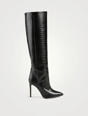 Croc-Embossed Leather Heeled Knee-High Boots