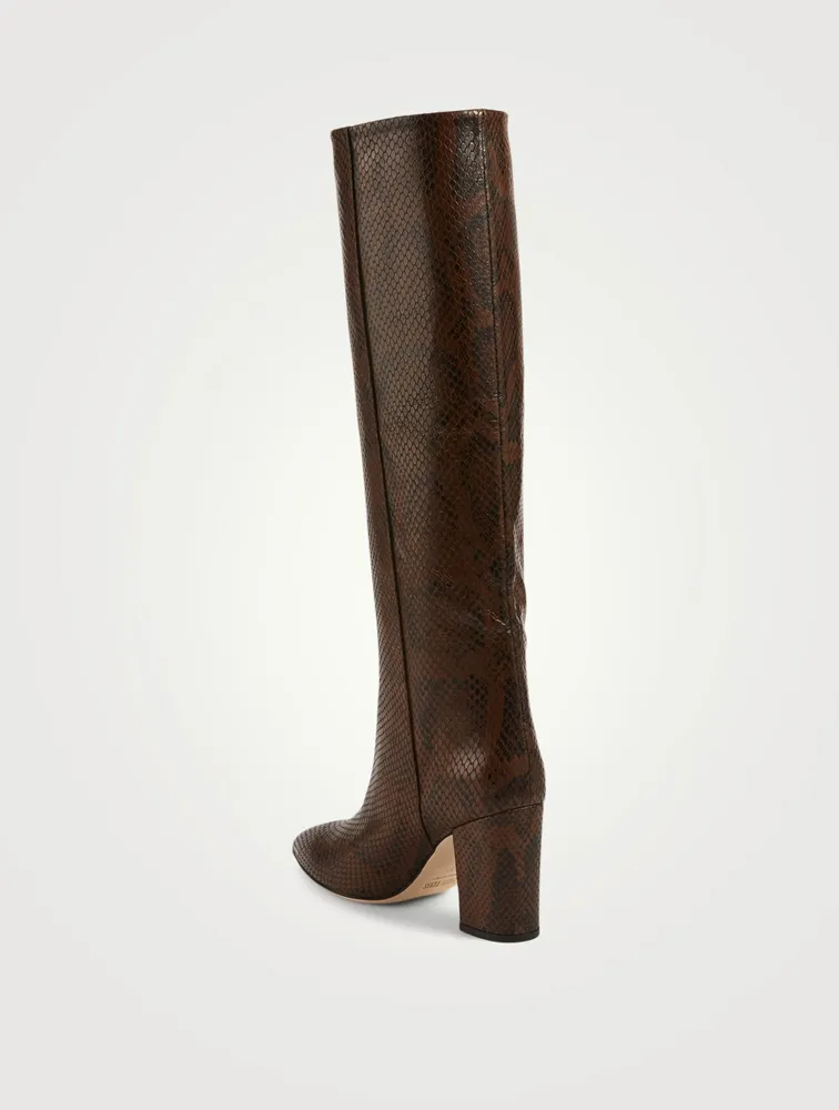 Leather Heeled Knee-High Boots Python Print