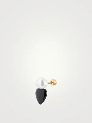 Onyx Heart Stud Earring With Pearl