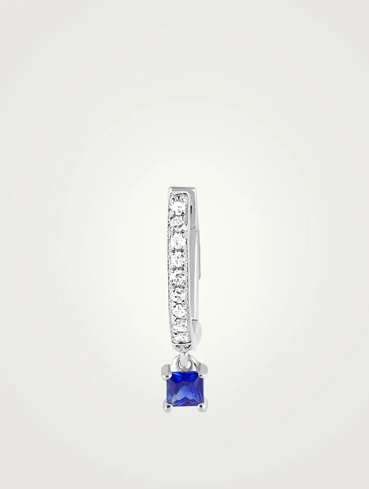 14K White Gold Huggie Hoop Earring With Diamonds And Blue Sapphire Drop