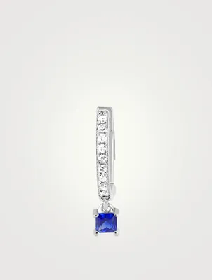 14K White Gold Huggie Hoop Earring With Diamonds And Blue Sapphire Drop