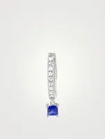 14K White Gold Huggie Hoop Earring With Diamonds And Blue Sapphire Drop