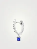 14K White Gold Huggie Hoop Earring With Diamonds And Blue Sapphire Drop