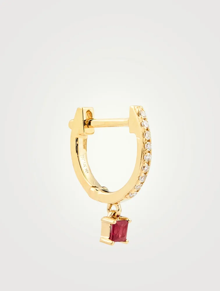 14K Gold Huggie Hoop Earring With Diamonds And Ruby Drop