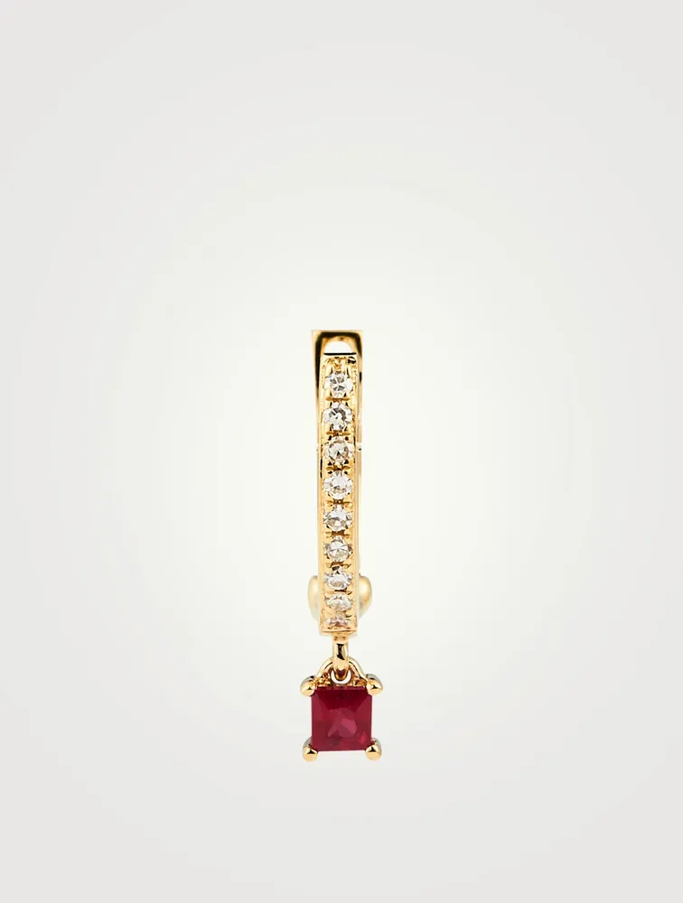 14K Gold Huggie Hoop Earring With Diamonds And Ruby Drop