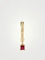 14K Gold Huggie Hoop Earring With Diamonds And Ruby Drop