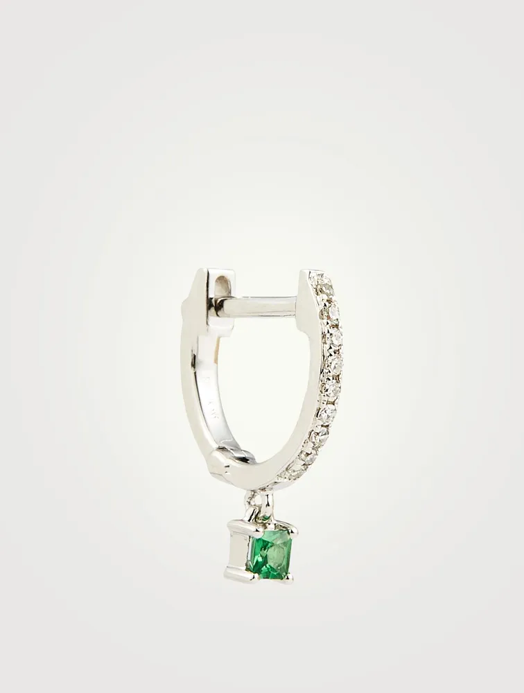 14K White Gold Huggie Hoop Earring With Diamonds And Tsavorite Drop