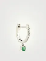 14K White Gold Huggie Hoop Earring With Diamonds And Tsavorite Drop