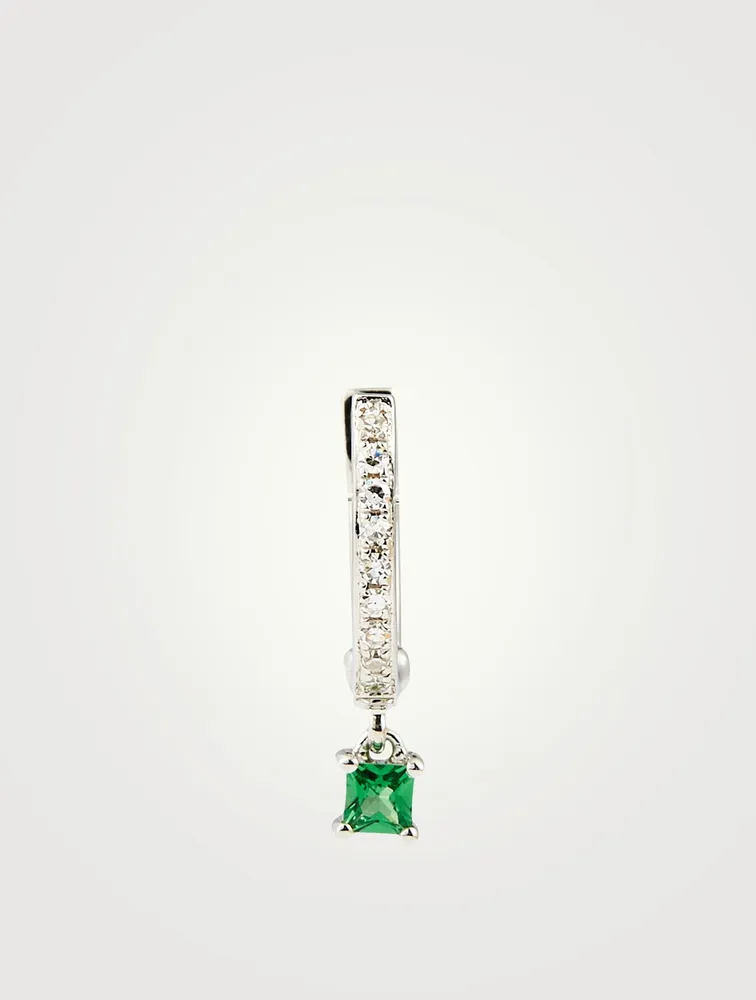 14K White Gold Huggie Hoop Earring With Diamonds And Tsavorite Drop