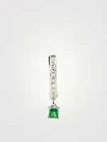 14K White Gold Huggie Hoop Earring With Diamonds And Tsavorite Drop