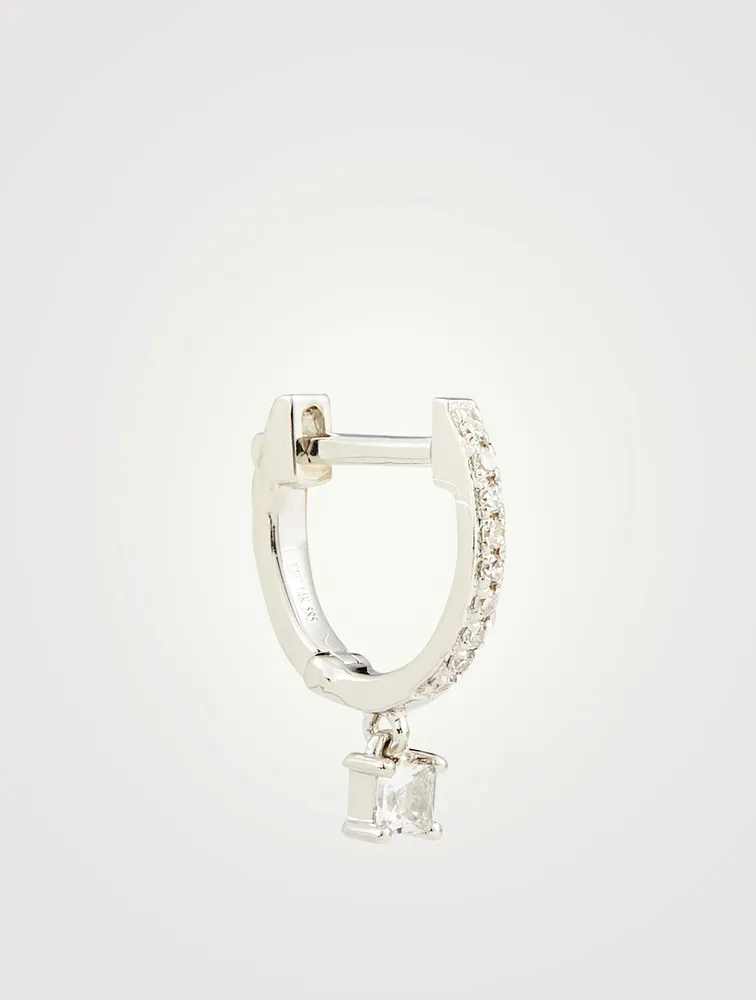 14K White Gold Huggie Hoop Earring With Diamonds And White Quartz Drop