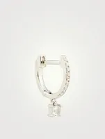 14K White Gold Huggie Hoop Earring With Diamonds And White Quartz Drop