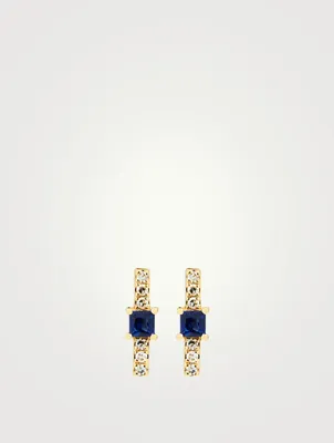 14K Gold Bar Stud Earrings With Diamonds And Blue Sapphire