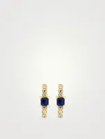 14K Gold Bar Stud Earrings With Diamonds And Blue Sapphire