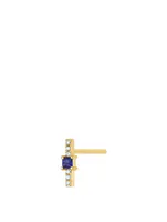 14K Gold Bar Stud Earrings With Diamonds And Blue Sapphire