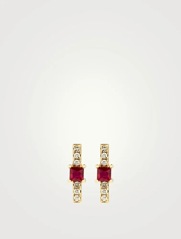 14K Gold Bar Stud Earrings With Diamonds And Ruby