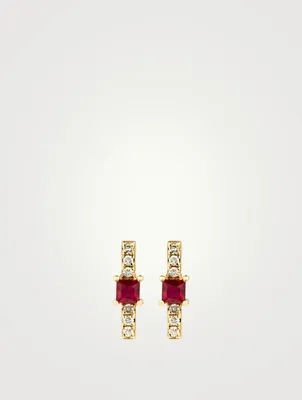 14K Gold Bar Stud Earrings With Diamonds And Ruby