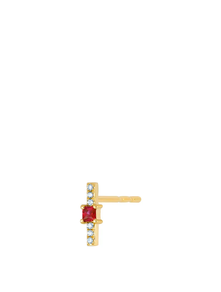 14K Gold Bar Stud Earrings With Diamonds And Ruby