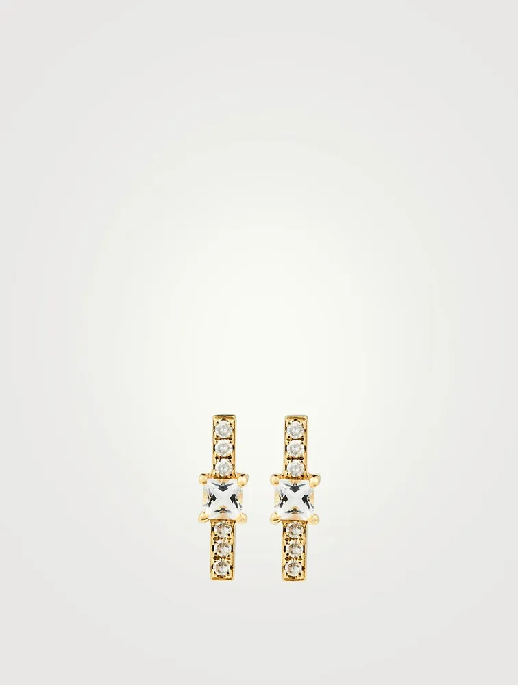 14K Gold Bar Stud Earrings With Diamonds And White Quartz