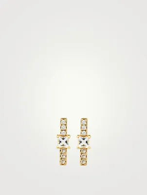 14K Gold Bar Stud Earrings With Diamonds And White Quartz