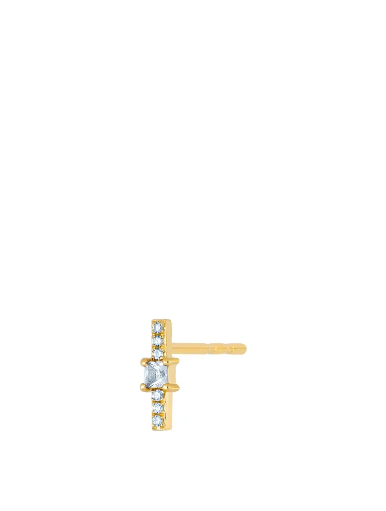 14K Gold Bar Stud Earrings With Diamonds And White Quartz