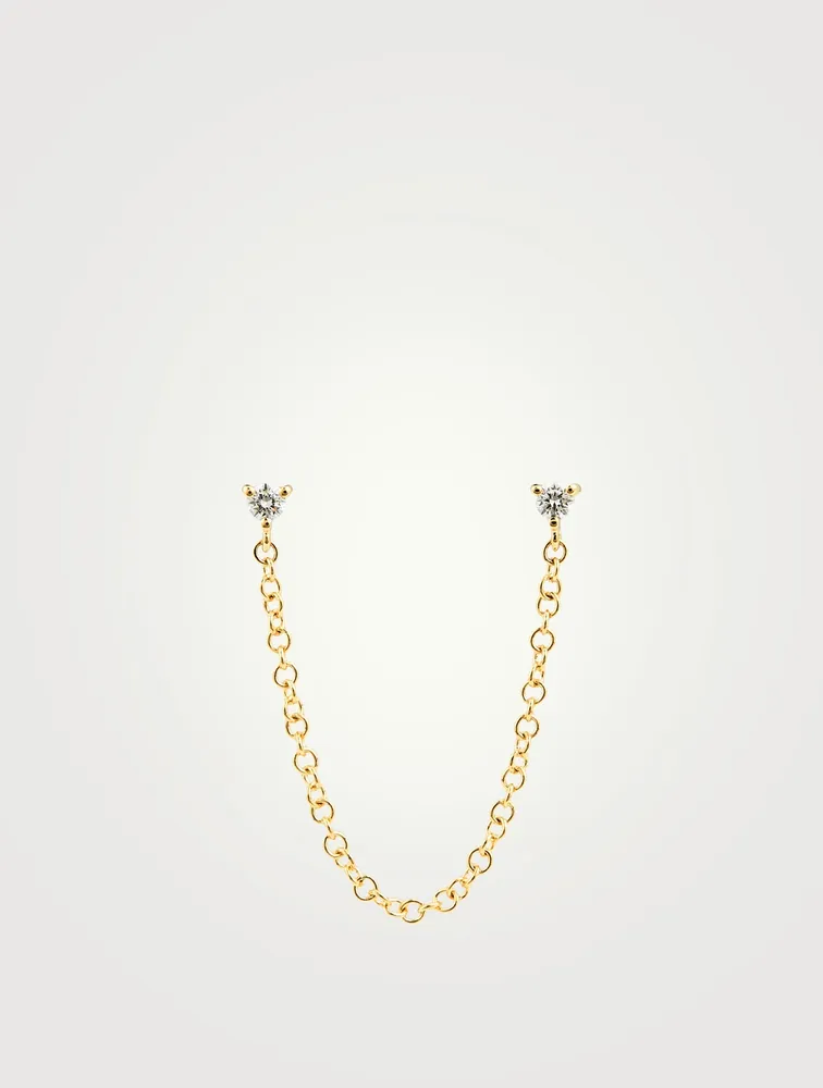14K Gold Double Stud Chain Earring With Diamonds