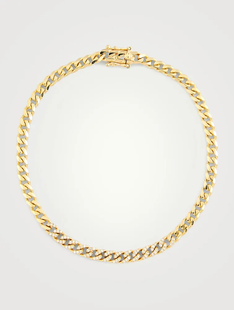 Mini 14K Gold Curb Chain Bracelet With Diamonds