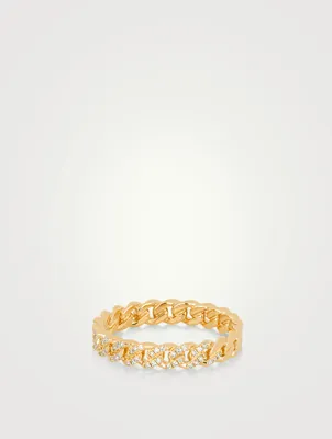 Mini 14K Gold Curb Chain Ring With Diamonds